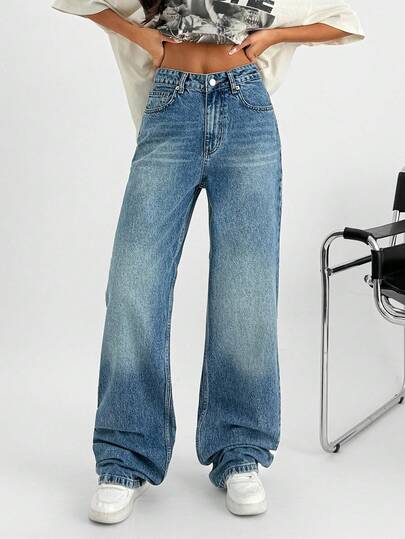 EURMUSE JEANS RECTOS DE CINTURA ALTA PARA MUJER, LAVADO MEDIO