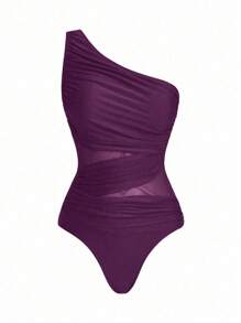 Swim Oasis 1pc Women's Solid Color One-Piece Ruched Swimsuit With Matching Shawl Top And Skirt For Vacation For Summer - Purple - View 5