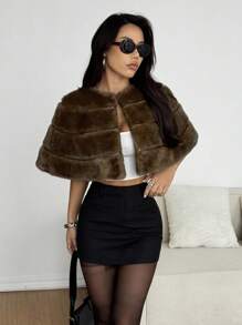 SHEIN EZwear 秋冬女士时尚优雅仿皮草披肩夹克 - 咖啡棕 - 查看 7