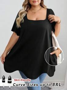 SHEIN CURVE+ 大码女装/秋季/冬季女装/冬季大码方领不对称下摆口袋短袖T恤黑色上衣 8XL 女装 6XL 女装 5XL 大码女装 大码上衣 大码女装 大码女装 大码女装 假日 女装 秋季 女装 冬季 大码女装 - 黑色 - 查看 1