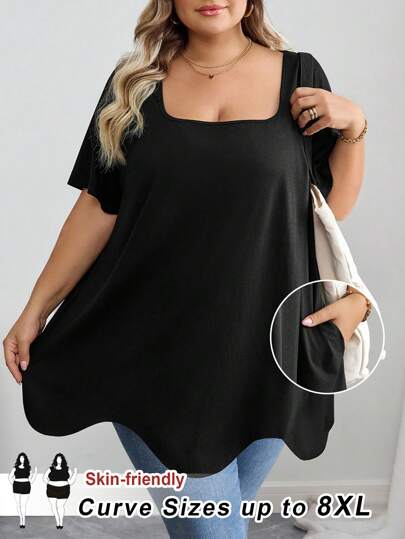 SHEIN CURVE+ Curve Plus Size/Autumn Clothes /Fall Women Clothes/Winter Clothes For Women/Winter ClothesPlus Size Square Neck Asymmetric Hem Pocket Short Sleeve T-Shirt Plus Size Black Tops 8xl Women Clothes 6xl Plus Womans Clothes 5xl Plus Size Plus Size Tops Curve,Holiday Outfits For Womenfall Clothes For Women,Winter,CURVE PLUS