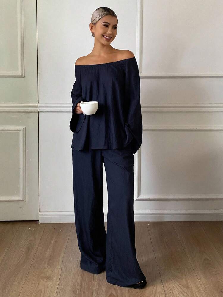 Solid Color Ruched Design Loose Women's Pajama Set