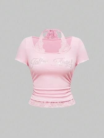Grunge Punk Punk Bro Letter Rhinestone & Lace Patchwork Crew Neck Fitted Women T-Shirt