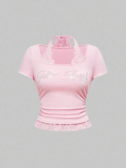 Grunge Punk Camiseta ajustada de mujer con cuello redondo, parche de encaje y letras de strass con estilo punk