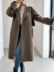 EURMUSE Women's Autumn/Winter Lapel NeckPocket Long Overcoat - Mocha Brown - View 1