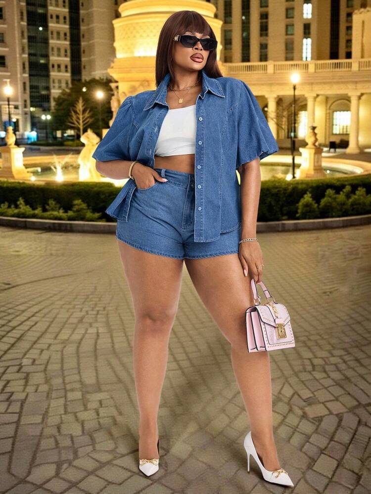 Slaydiva 大码女式无弹力牛仔上衣，泡泡袖设计，收腰修身，秋季畅销款短袖衬衫，浅蓝色，尽显秋日复古优雅气质。 - 淺色水洗藍 - 查看 8