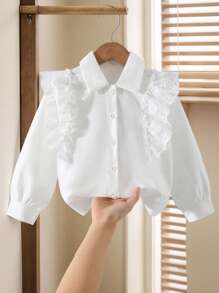 Genkimix Kids 女孩优雅简约时尚优雅翻领落肩长袖宽松白色刺绣荷叶边设计百搭衬衫，适合秋季