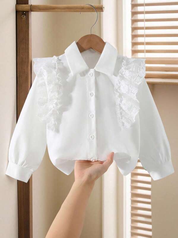 Genkimix Kids Girls Elegant White Embroidery Ruffle Blouse,Back-To-School Lapel Long Sleeve Loose Versatile Fashion Shirt