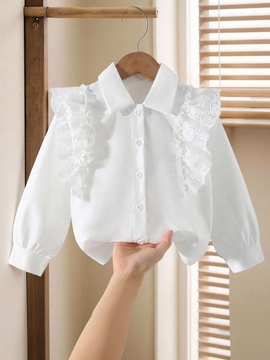 Genkimix Kids 女孩优雅简约时尚优雅翻领落肩长袖宽松白色刺绣荷叶边设计百搭衬衫，适合秋季