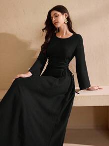 Graceveil Vestido de manga larga de cuello redondo de uso diario minimalista de unicolor para mujer - Negro - Ver 8