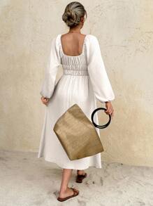 SHEIN Frenchy 女士休闲纯色灯笼袖中长连衣裙 - 杏色 - 查看 2