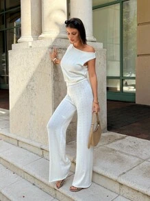 Siren Gaze 女式纯色不对称肩针织上衣和针织裤休闲度假套装，白色女式毛衣两件套，单肩针织上衣，白色毛衣裤套装，返校服，秋季女装白色裤子套装，全白派对装 - 米色 - 查看 3