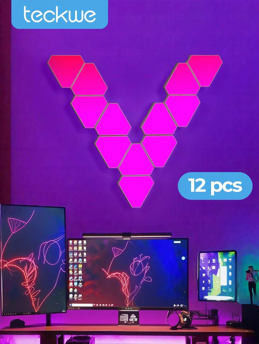 Teckwe 12颗装智能RGB三角形LED灯，可连接自己想要的DIY造型，随音乐同步闪烁节奏，是卧室客厅游戏室完美的家居装饰、派对和礼物 - 白色 - 查看 1