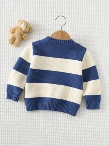 Cozy Pixies Baby Boy Cartoon Bear Striped Pattern Crew Neck Long Sleeve Sweater,In Fall/Winter