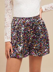 Amorya Pantalones cortos de mujer con decoración de lentejuelas brillantes en forma de A, elegantes pantalones cortos brillantes para fiestas navideñas - Multicolor - Ver 7