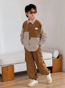 SHEIN 1 件儿童/青少年男童休闲条纹领长袖宽松开襟衬衫和纯色直筒裤 2 件套，适合学校、花园、海滩、生日、春夏秋冬