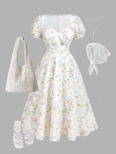 SHEIN MOD 宫廷风格泡泡袖蝴蝶花卉印花中长连衣裙，加大码花卉连衣裙花园派对连衣裙挤奶女工连衣裙野花连衣裙复古连衣裙