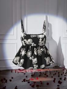 SHEIN MOD 大码女式 3D 花卉刺绣浪漫可爱蝴蝶结装饰蕾丝拼布吊带背心夏季上衣，短款上衣，女式荷叶边上衣，女式花卉上衣，女式吊带上衣，提花纹理，宽松下摆，手工编织花朵，万圣节