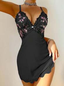 女士性感花卉刺绣拼布露背吊带背心睡衣