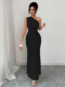 Elenzga 无袖斜肩收腰优雅浪漫数码印花女式连衣裙 - 黑色 - 查看 3