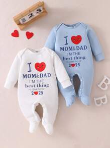 SHEIN 2件套新生儿简约条纹心形和英文字母印花长袖长腿连体衣家居服套装 - 藍白色 - 查看 3