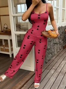 SHEIN 女士心形印花针织吊带背心和休闲裤睡衣套装，四季舒适 - 西瓜粉 - 查看 2