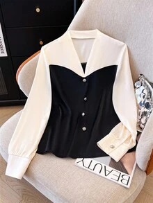 Franclia Women's Elegant Detailed V-Neck Long Sleeve Contrast Color Button Decorated Blouse, Spring/Autumn Fall Cloth For Women - Multicolor - View 5
