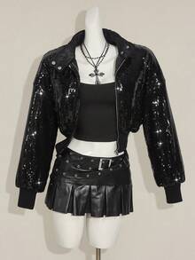 SHEIN ICON 女士性感街头亮片立领短款宽松夹棉大衣 - 黑色 - 查看 1