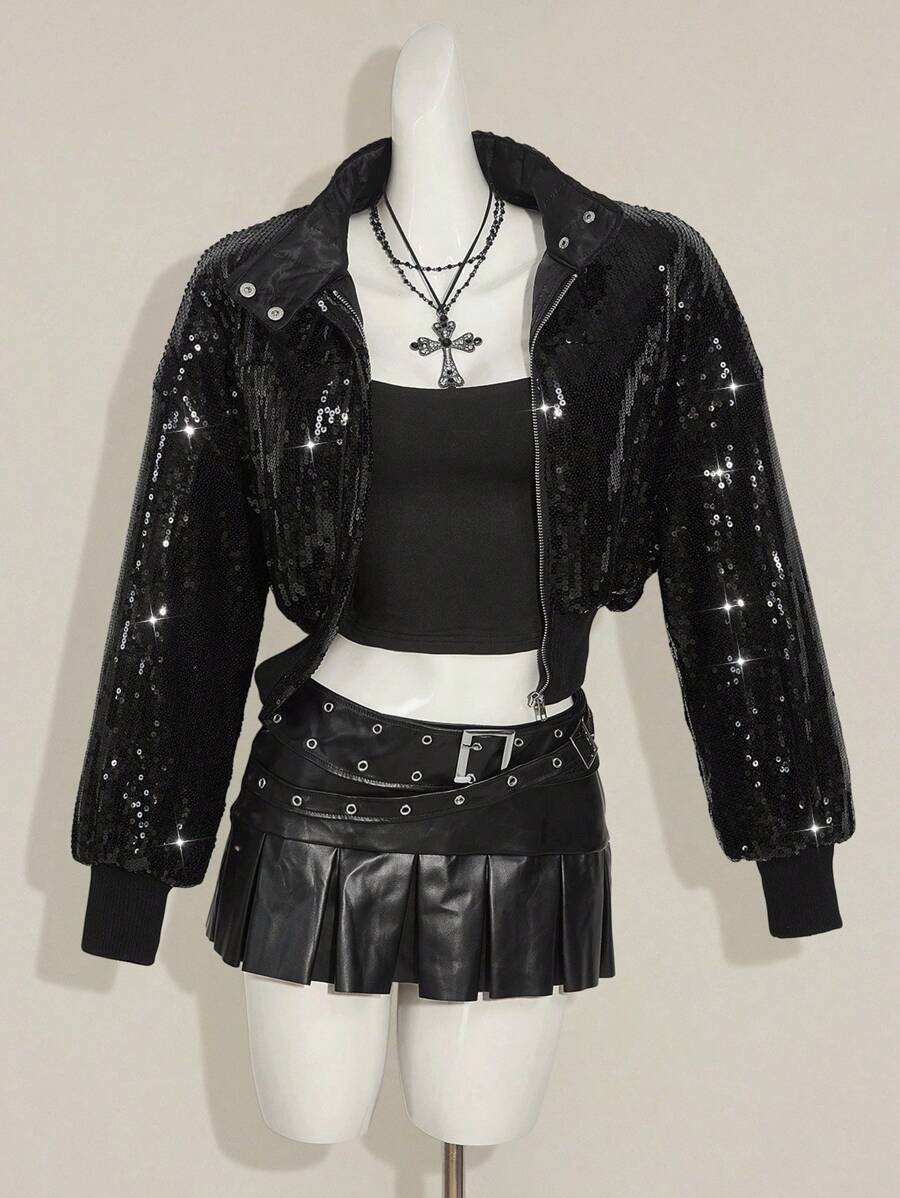 SHEIN ICON 女士性感街头亮片立领短款宽松夹棉大衣 - 黑色 - 查看 1