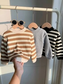 3 件套幼儿男孩/女孩加厚条纹纯色圆领运动衫，舒适休闲基本日常服装，适合室内、户外、日常穿着、运动、派对、拍照、节日、街头服饰、运动服、返校、圣诞节、新年