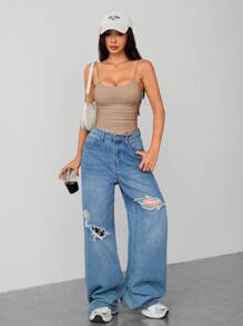 SHEIN PETITE Áo ba lỗ hở ngực bó sát cổ tròn thoáng khí cơ bản màu trắng dành cho nữ - Màu Khaki - Xem 3