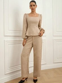 Aveloria Rosie Elegant Wool Blend Puff Sleeve Crop Top And Classic Pants 2 Pieces Set For Women Fall Cloth For Women , Square Neck Top