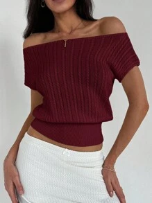 Aloruh Camiseta de mujer de punto texturizado, ajustada a la cintura, con hombros descubiertos, de estilo minimalista y elegante - Granate - Ver 6