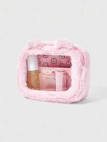 ROMWE Kawaii 粉色女士可爱毛绒刺绣兔子印花便携方形化妆包 - 粉色 - 查看 2