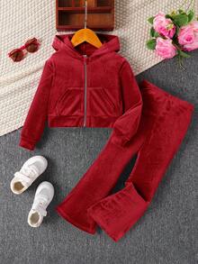 SHEIN 年轻女孩 2 件套水钻字母图案天鹅绒连帽衫和喇叭裤、运动裤、服装、可爱、休闲和复古，非常适合夏季和秋季休闲和日常穿着和学校日常穿着，适合圣诞节 - 紅色 - 查看 5