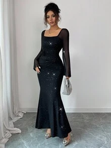 Elenzga 女式网眼拼布亮片粉腰修身正式黑色中长连衣裙，优雅适合日常、派对和约会场合，适合女性秋季穿着 - 黑色 - 查看 3