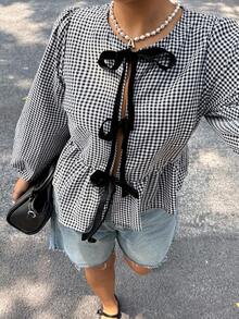 Dripcurv 大码前系带长袖简约褶皱衬衫，适合日常休闲穿着