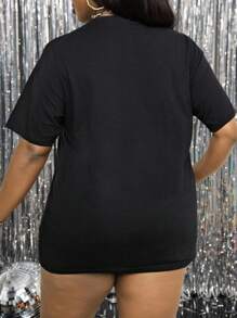 Maweii Plus Size Slogan Rhinestone Short Sleeve T-Shirt Hot Diamond Tees Women Tops - Black - View 2