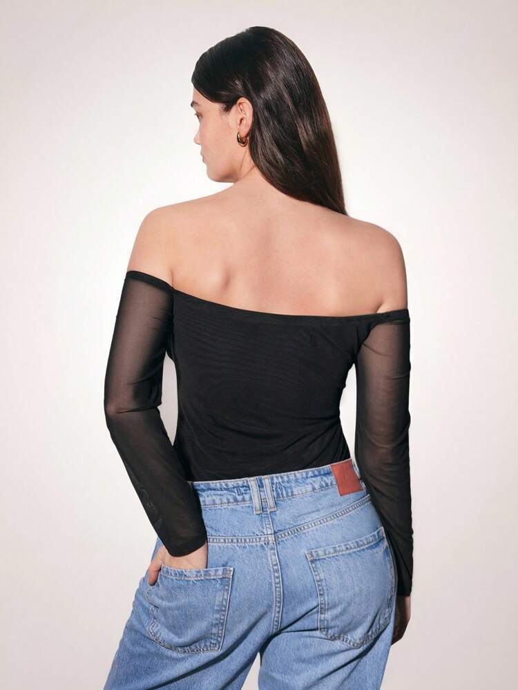 Maija Women's Elegant Ruched Neckline And Mesh Long Sleeve Plus Size Bodysuit - Black - View 3