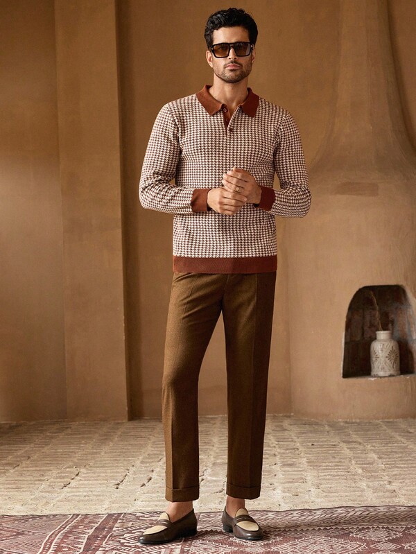 Manfinity NXTstreet Men's Sweater, Autumn/Winter, Dual-Color Jacquard, Half-Button Closure, Turndown Collar, Slim Fit Knitted Sweater Men Houndstooth Shirt Brown And White Shirt Men Knitted Polo Shirt Men Brown Houndstooth Shirt Men Houndstooth Polo Men Houndstooth Sweater Knitted Men Shirt Brown Tops For Men Crochet Men Shirt Burgundy Men Shirt Brown Jersey Shirt Maroon And White Shirt Men