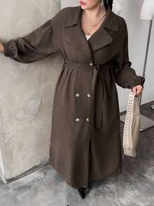 SHEIN EZwear 2025 秋冬新款休闲户外、派对、约会、度假多场合百搭大翻领双排扣系带超长驼色加大码风衣 - 咖啡棕 - 查看 6