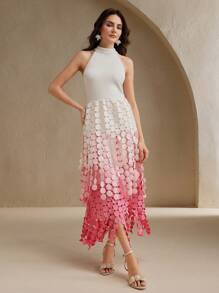 Anewsta 女装春夏音乐节挂脖镂空新款针梭织拼布流苏粉杏色无袖连衣裙 - 彩色 - 查看 3