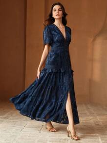 Anewsta 女装春夏音乐节波西米亚短袖蕾丝拼接蓝色优雅连衣裙 - 藏蓝色 - 查看 3