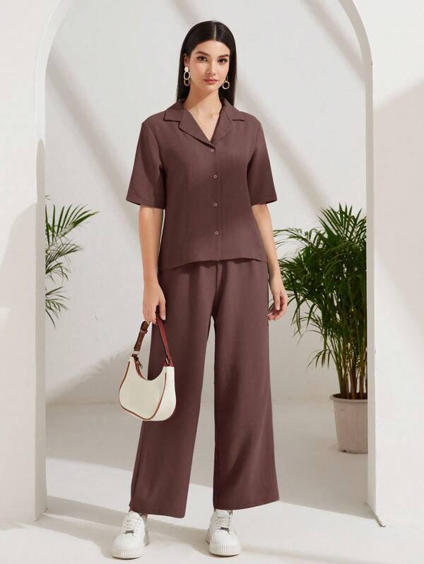 Lacomfia Lapel Neck Button Front Blouse & Wide Leg Pants 2 Pieces Set