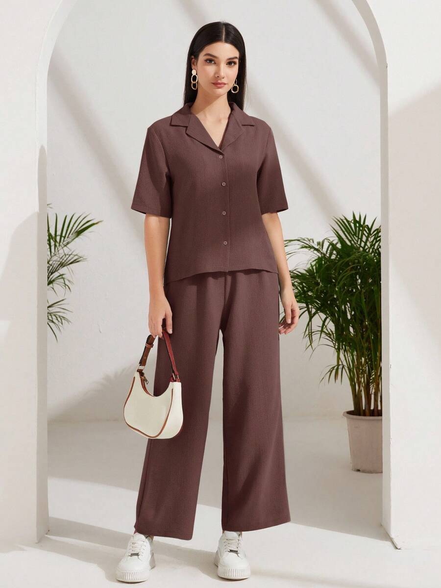 Lacomfia Lapel Neck Button Front Blouse & Wide Leg Pants 2 Pieces Set - Red Violet - View 1
