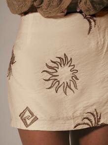 MUSERA Cute Embroidery Mini Skirt Hot Sexy Summer Linen Look, Beach, Embroidered Skirt. Vacation Holiday Fall Party Fall Elegant - Khaki - View 5