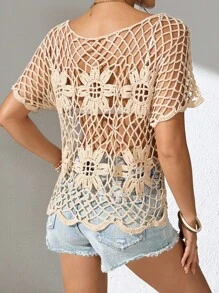 Swim Lushoire 女士手工钩编短袖沙滩罩衫 - 杏色 - 查看 2