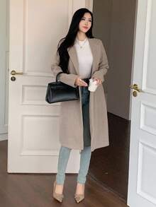 DAZY 休闲纯色大衣，秋冬女士长款外套 - 卡其色 - 查看 5