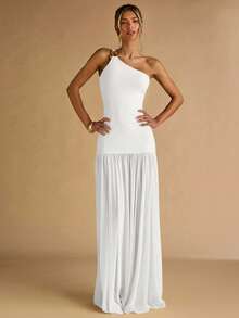 SHEIN BAE 女士杏色不对称肩部金属扣装饰紧身连衣裙，透明下摆，优雅 - 白色 - 查看 5