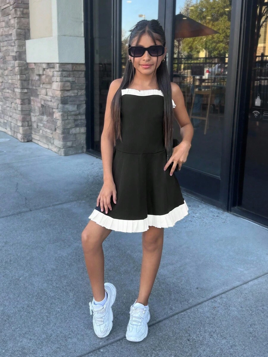 SHEIN Leap Crew Nova Glow Tween Girls Color Block Cropped Waist Midi Dress, Fashionable Casual Versatile Suitable For Any Occasions - Black and White - View 1